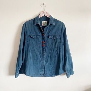 Vintage Wrangler Blue Aztec Embroidered Denim Shirt! Size Large